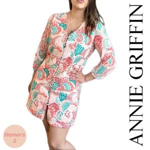 Annie Griffin Pineapple Print Shirt Dress in Multi V-Neck 3/4 Sleeve Small